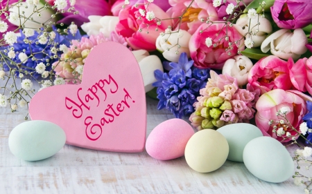 â™¥Happy Easterâ™¥ - eggs, baby breaths, heart, easter, tulips, flowers, still life, spring