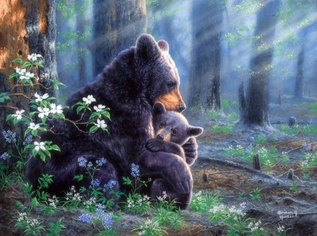 We're Alright - attractions in dreams, cub, paintings, hugs, spring, love for seasons, bears, family, flowers, forests, nature, animals