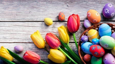 Easter Eggs and Tulips - eggs, flowers, easter, tulips