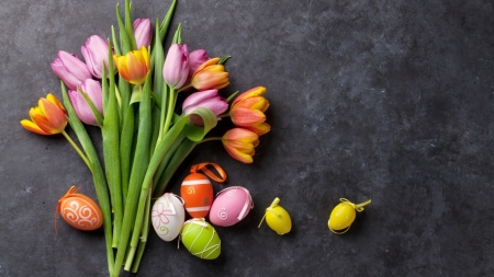 Easter Eggs and Tulips - eggs, easter, tulips, flowers