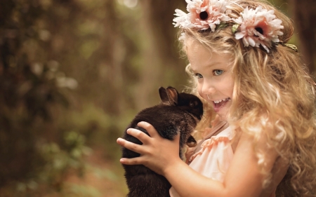 Little cuties - rabbit, girl, blonde, bunny, copil, child, easter, black, smile, cute, little