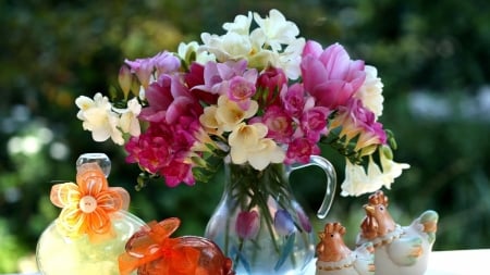 Freesias - vase, white, freesia, flower, bouquet, pink, glass