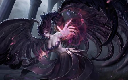 Morgana - game, close-up, league of legends, chubymi, girl, pink, dark, morgana, black, fantasy, hand, luminos