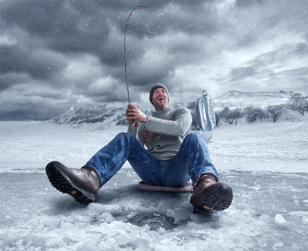 Sardinas - situation, winter, blue, creative, fantasy, fisher, adrian sommeling, fish, ice, sardinas, man