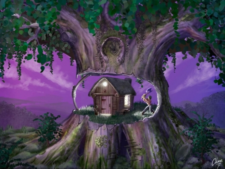 fantasy - purple, tree, home, fantasy