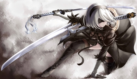 Yorha 2B - anime, elegant, divine, female, maiden, short hair, gorgeous, plain, katana, hd, rpg, video game, 2b, anime girl, game, realistic, beautiful, hot, girl, sword, simple, beauty, blade, black, fantasy, white, adorable, sexy, gloves