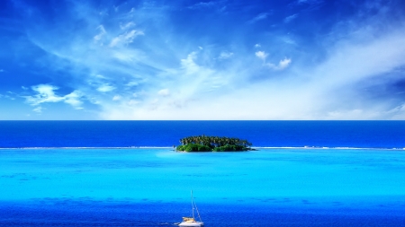 Blue Ocean - nature, sky, ocean, ship, landscape, clouds, islands, blue