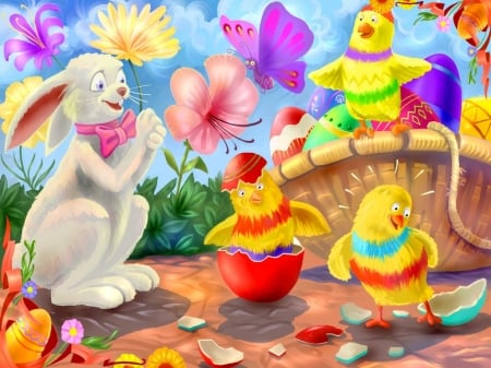 Happy Easter! - chicken, yellow, blue, spring, flower, bunny, child, easter, illustration, colorful, purple, funny, red, butterfly, egg