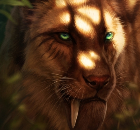 Saber-toothed cat - lhuin, fantasy, pisica, saber toothed cat, face, orange, green eyes, luminos