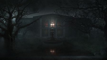 Rainy night - gloomy, rain, mansion, black, dark, fountain, fantasy, light, tree, luminos