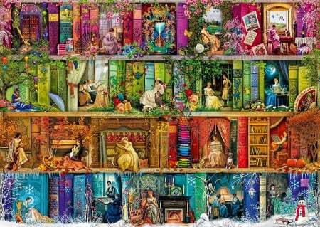 A stitch in time - red, pink, shelves, a stitch in time, blue, fantasy, luminos, colorful, green