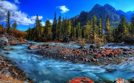 Mountain River in South Tyrol, Italy - sky, landscape, trees, domites, alps, stones