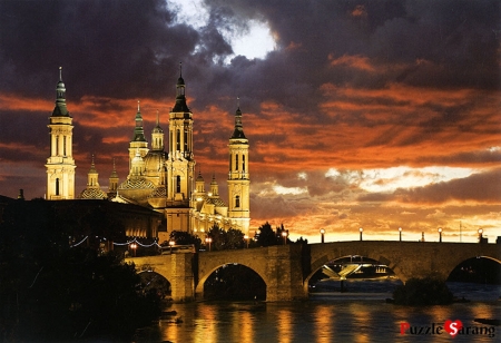 Basilica del Pilar, Zaragoza - clouds, sunset, spain, city, sky, building