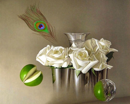 White Roses and Apple - globe, romance, wide screen, art, artwork, beautiful, beauty, love, flower, illustration, white, nature, painting, rose, floral, apple, peacock feather