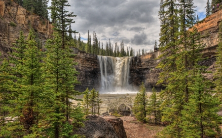 Waterfall - rock, trees, waterfall, clouds