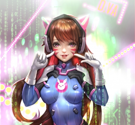 D-Va - woman, female, bunny, brown hair, vide games, pretty, suit, lady, numbers, long hair, lovely, codes, neon, headphones, overwacth, blue, sweet, lights