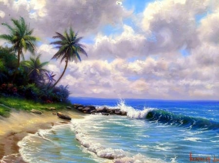 Perfect Wave - beaches, seaside, attractions in dreams, sky, palm trees, summer, waves, nature, love four seasons, clouds, paintings, sea