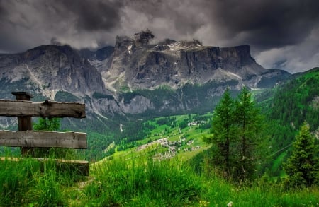 Mountainscape - slope, valley, fence, mountain, hills, greenery, riocks, spring, wildflower, view, clouds, beautiful, grass, cliffs