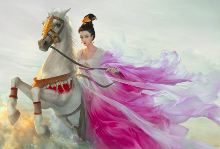 Oriental Princess on Horse - woman, beauty, girl, fantasy, gown, asian, art, horse, pretty, pink, beautiful, digital