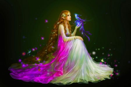 Queen Elf and Bird of Paradise - pretty, bird, bird of paradise, gown, beautiful, girl, fantasy, digital, woman, princess, art