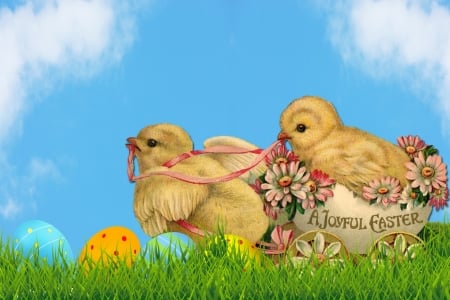 Happy Easter! - easter, card, vintage, egg, yellow, chicken, blue