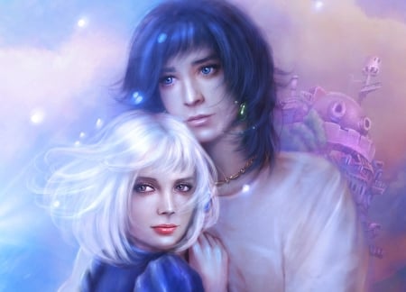 Howl and Sophie - anime, blue, sophie, girl, pink, man, howl, manga, fantasy, hayao miyazaki, white, couple, luminos