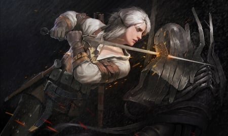 Ciri - sword, the witcher, black, game, girl, art, white, fantasy, luminos