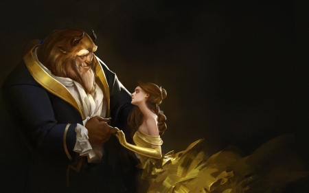 Beauty and the Beast - couple, girl, dance, belle, fantasy, black, fanart, art, yellow, luminos, disney, golden