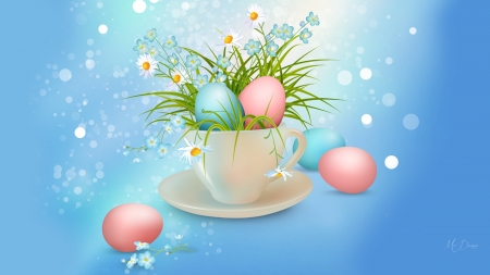 Cuppa Easter - floral, easter eggs, blue, tea cup, easter, flowers, spring