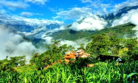 Hillside Village of Majuwa - nature, village, hillside, houses, trees, clouds, fog, mountains