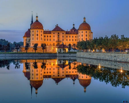 Moritzburg Castle is Reflected in Water, Germany - nature, building, trees, reflection, castle, water, moritzburg