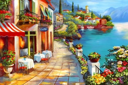 Seascape - seascape, peaceful, summer, picturesque, coast, painting, view, art, town, beautiful, cafe, sea