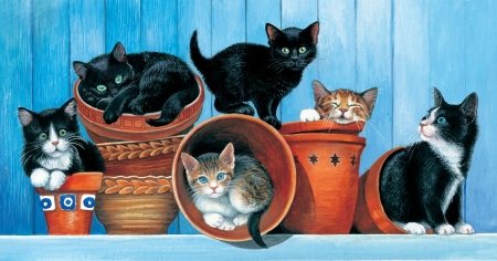 Kittens - pot, animal, cute, black, cat, blue, art, pictura, kitten, orange, luminos, painting