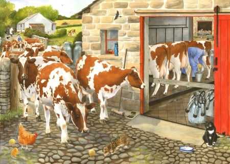 Dairy Maids - dairy maids, cow, cat, pictura, pisica, animal, painting, tracy hall, art