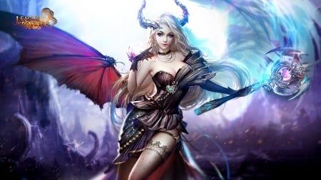 Fantasy girl - game, bat, wing, blue, girl, league of angels, horns, frumusete, fantasy, red, luminos, demon