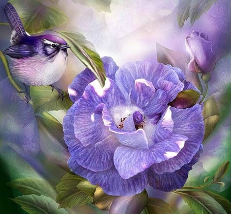 Lavender rose - rose, creative, fantasy, pasare, bird, art, carol cavalaris, luminos, green, flower, lavender