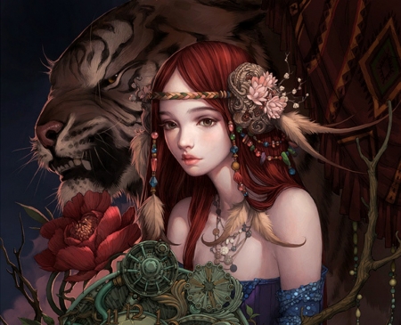 Fantasy girl by Liuyuan Lange - beauty, redhead, girl, frumusete, fantasy, lange, game, yuan liu, luminos, peony, legend of the cryptids, green, tiger, flower