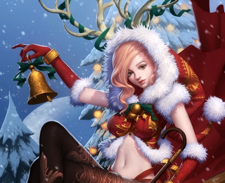 Fantasy girl - hat, legend of the cryptids, game, girl, bell, christmas, santa, white, craciun, red, yuan liu, luminos