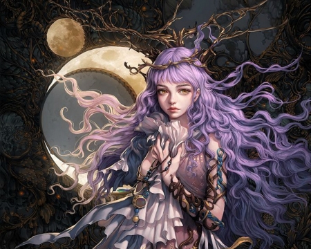 Moon Maiden - moon, girl, frumusete, fantasy, game, yuan liu, pink, luminos, legend of the cryptids, luna, maiden