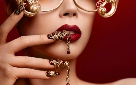 Red - girl, jewel, lips, hand, red, nails, woman, model, ophelia oveerdose, face, golden