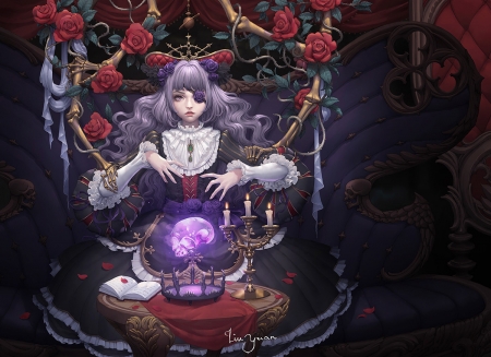 The witch - legend of the cryptids, game, anime, ball, magical, witch, black, manga, fantasy, purple, red, rose, yuan liu, luminos