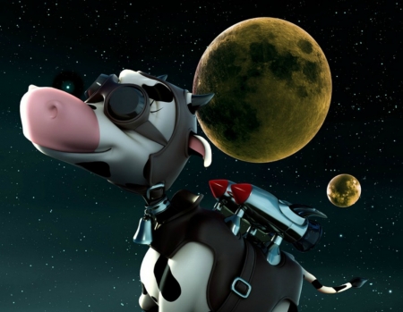 Space cow - moon, cow, glasses, funny, space, fantasy, creative, rodrigo banzato, planet, astonaut, earth, cosmos