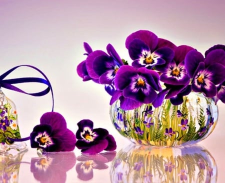 Lovely little violas - flowers, violas, purple, glass