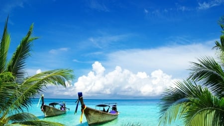 Tropical Sea,Thailand - clouds, boats, trees, nature, sea, thailand, palm