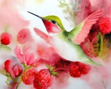 Strawberry Delights - birds, summer, paintings, spring, hummingbird, love four seasons, animals