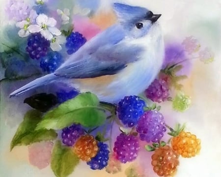 Blackberry Cascades - birds, summer, paintings, spring, blackberries, love four seasons, animals