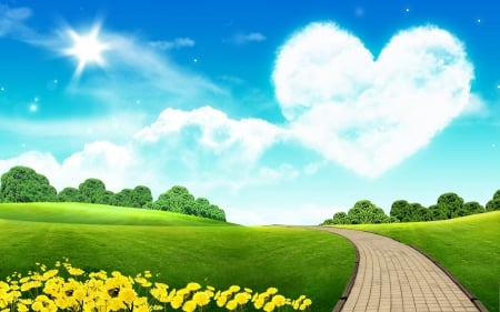 lovely sky - heart, cloud, grass, flower, sky