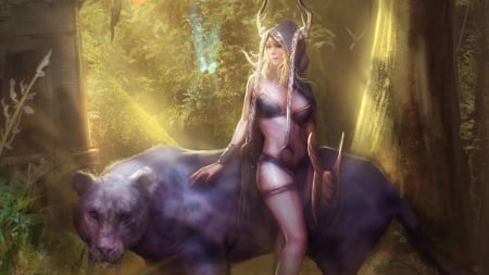 Fantasy girl - girl, game, animal, fantasy, panther