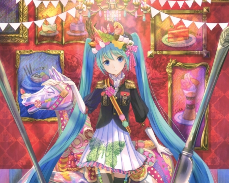 Hatsune Miku - red, horse, vocaloid, anime, girl, blue, manga, carousel, fuji chocko, hatsune miku