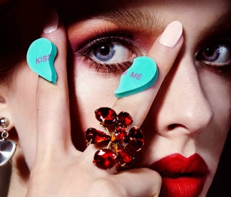 Model - face, red, model, jewel, girl, blue, valentine, lips, hand, eye, woman